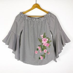 B&W Striped Off-Shoulder Bell Sleeve Rose Blouse